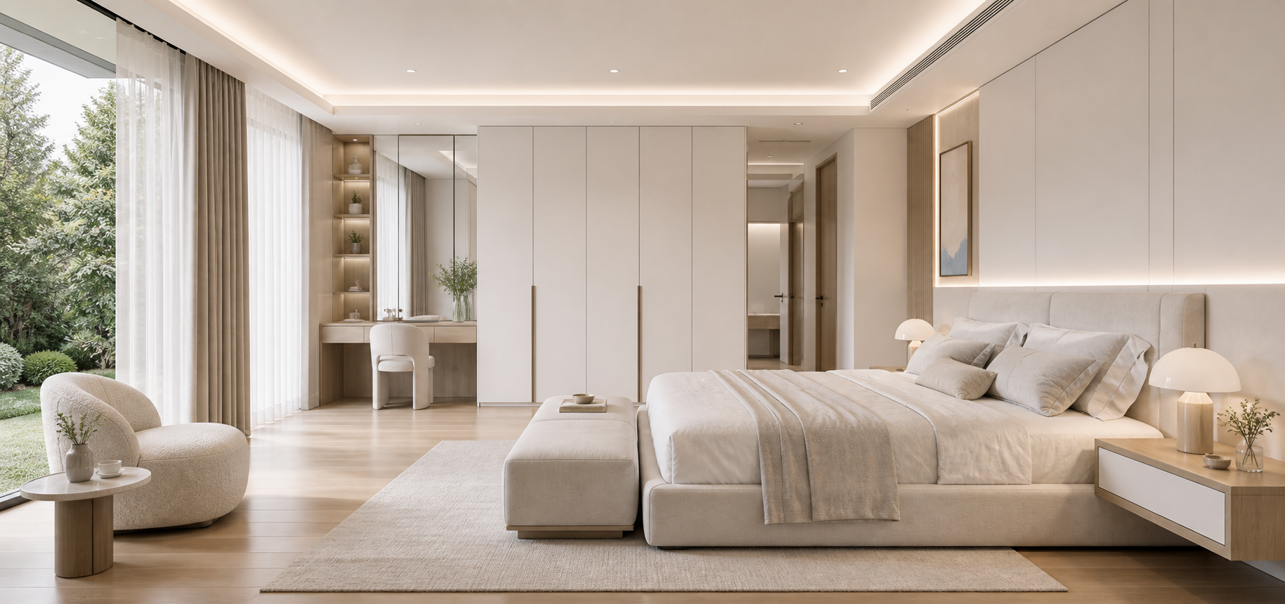 Bright modern bedroom with consistent wall, floor, and cabinetry finishes